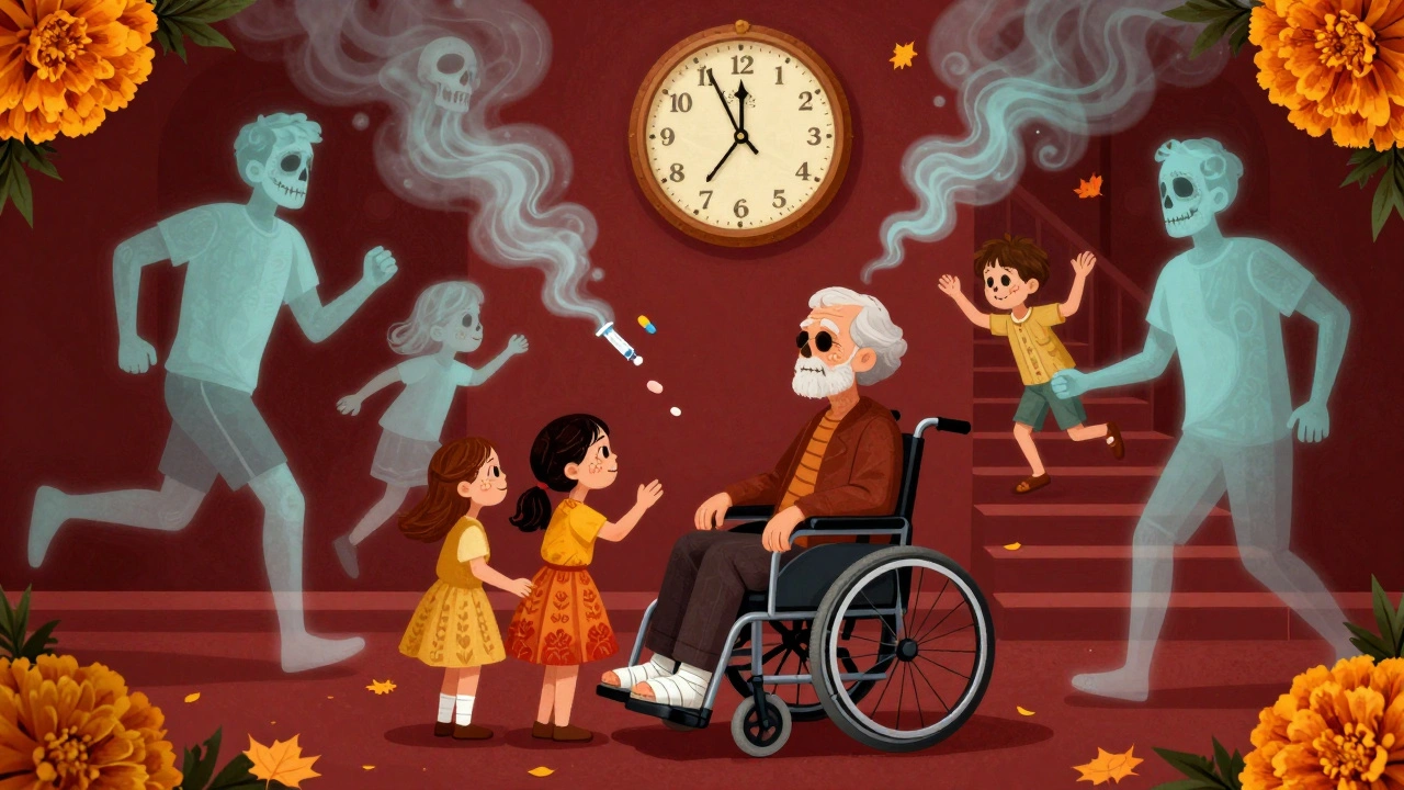 An elderly man in a wheelchair watches ghostly versions of his active past fade into marigold smoke, symbolizing lost mobility after tendon rupture.