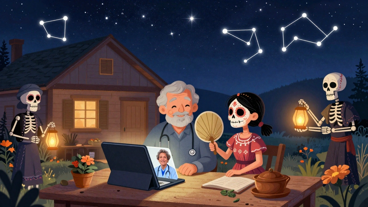 An elderly patient video-calls a palliative care specialist, with ancestral figures holding lanterns outside the window.