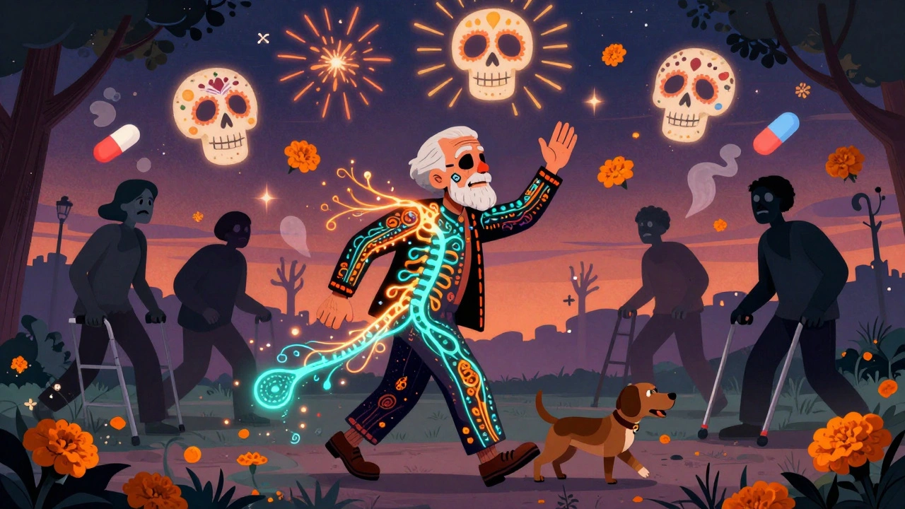 An elderly person walking a dog at dusk, radiant neural patterns glowing along their spine, past pain fading into marigold smoke as skulls burst in the sky.