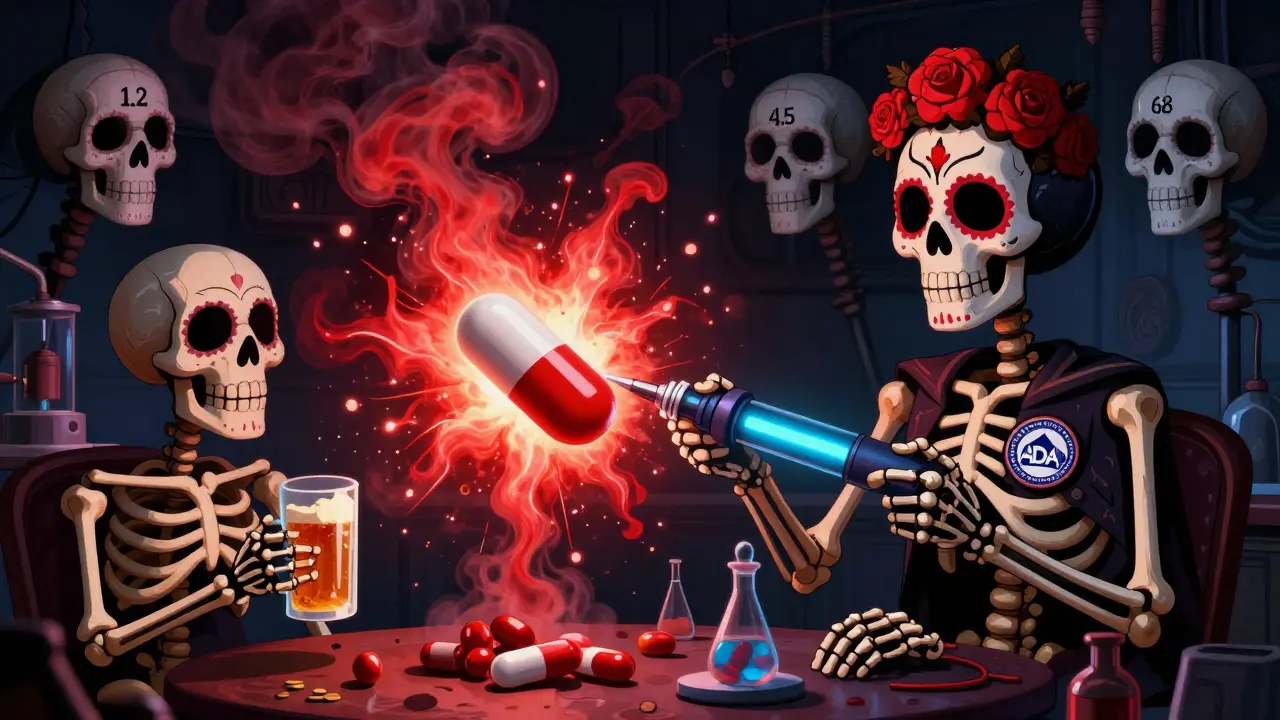 An extended-release pill explodes with red smoke as an FDA calavera stops it, with pH skulls watching, beer bottle nearby.