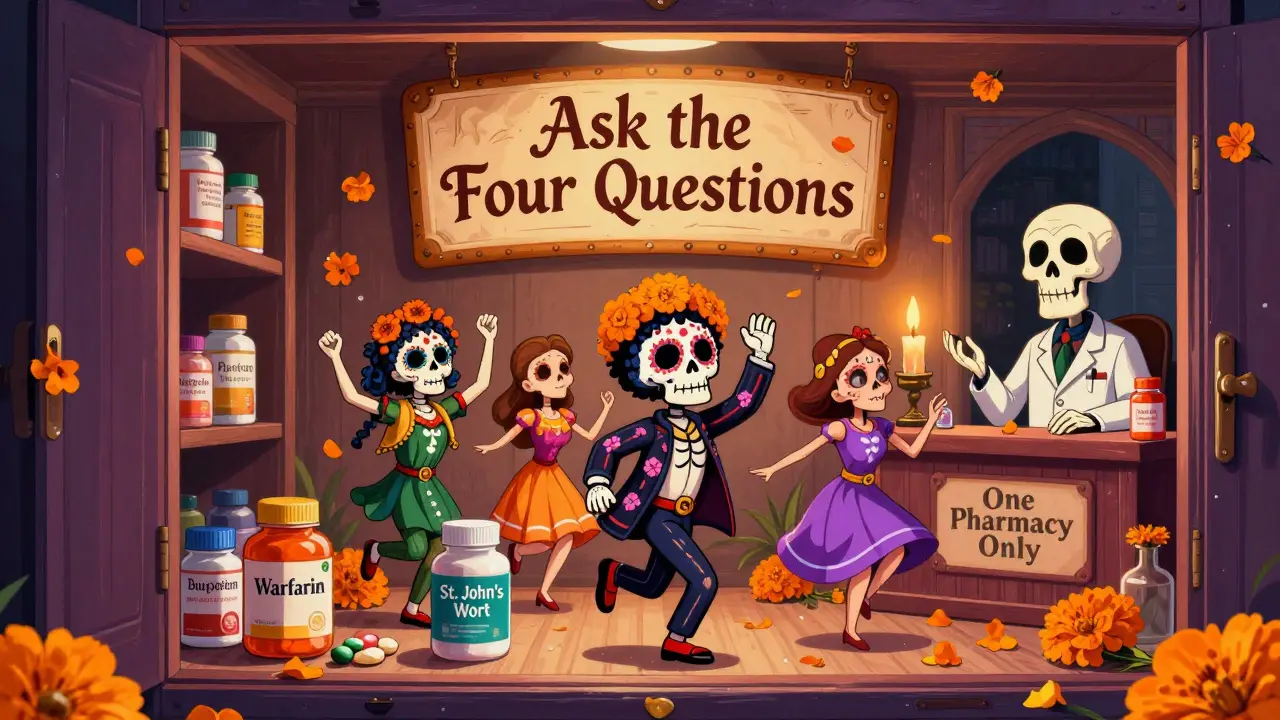 Animated medicine bottles dancing in a parade, watched by a pharmacist, with a 'One Pharmacy Only' sign.