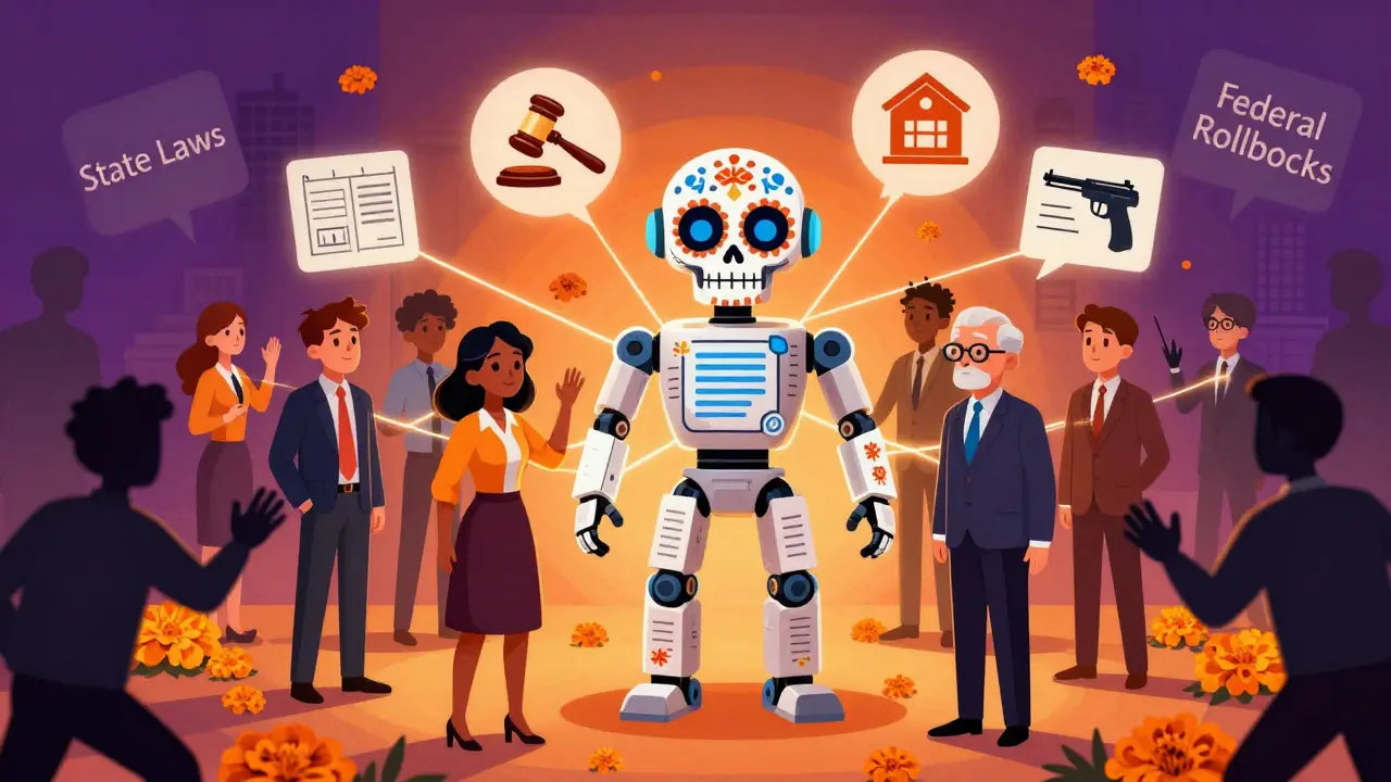 Business owners connected to a sugar skull AI compliance robot, with legal icons and shadowy state/federal forces around them in vibrant Día de Muertos colors.