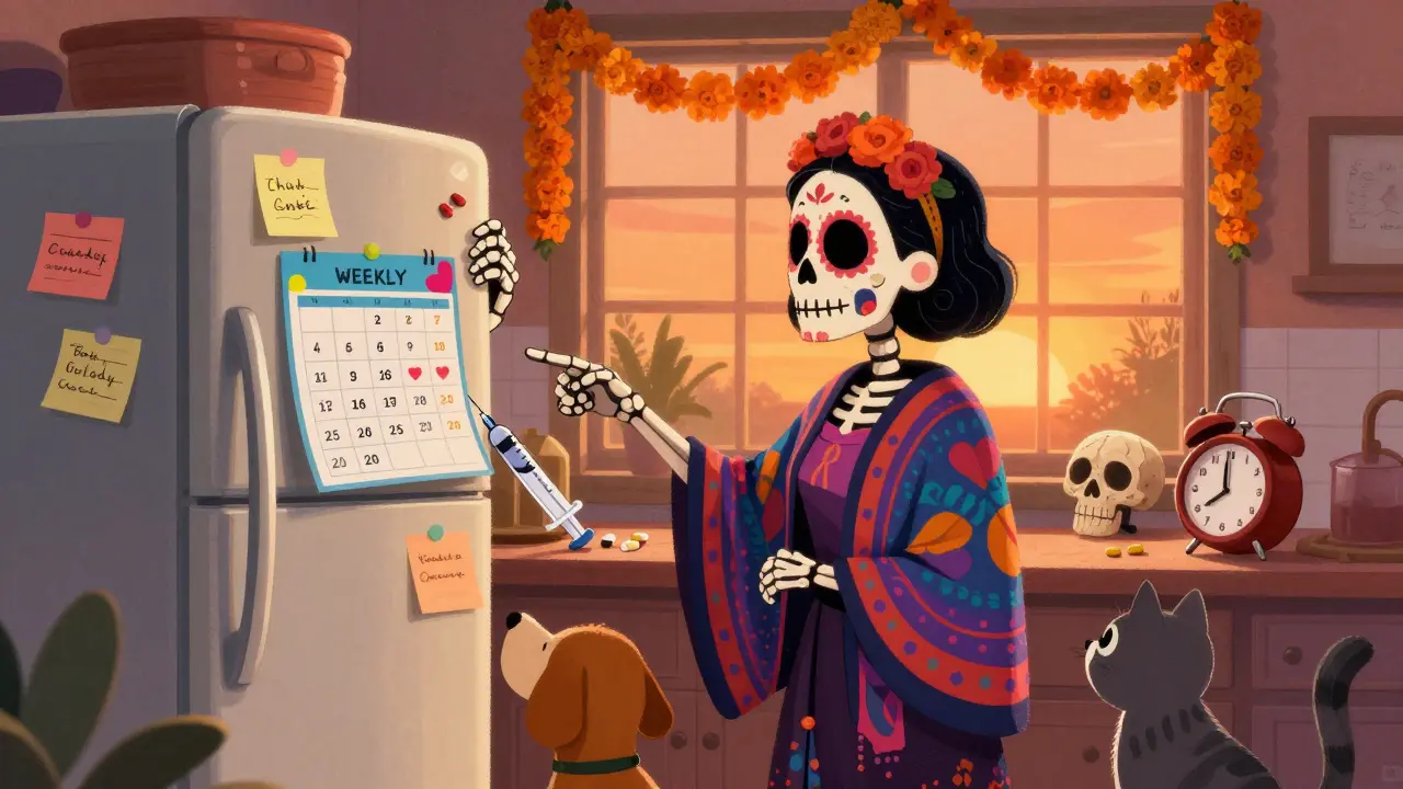 Caregiver checking medications on a fridge covered in sticky notes, with a skull-shaped alarm clock and expired pills under a sunset glow.