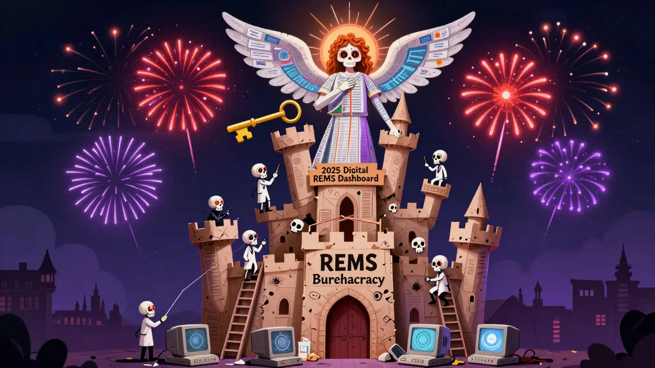 Crumbling paper castle of bureaucracy being climbed by doctors toward a digital REMS dashboard.