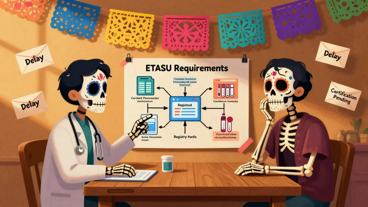 Doctor and patient reviewing REMS requirements on a flowchart under colorful papel picado banners.