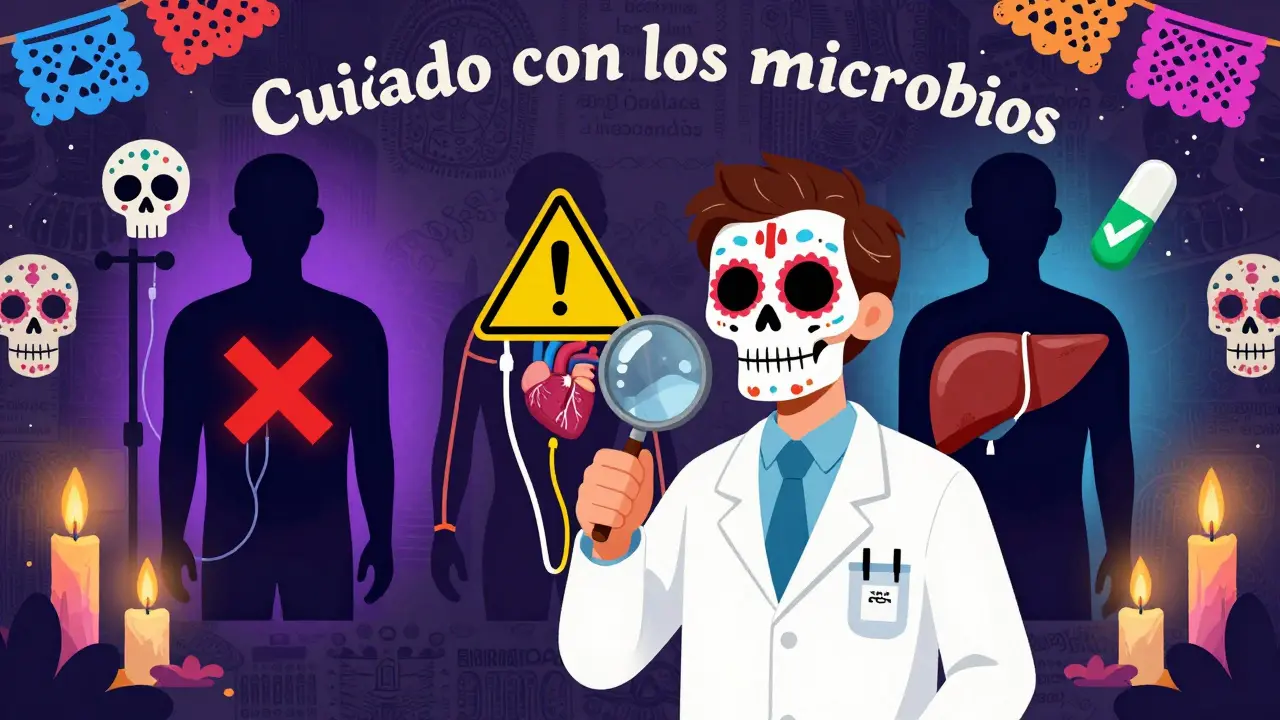 Doctor examining probiotic jar while three risk-tier patients are shown with skull symbols and caution signs in Day of the Dead style.