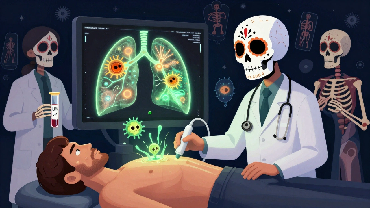 Doctor using ultrasound on patient, with glowing fluid and skeletal lab figures holding test tubes labeled with medical markers.