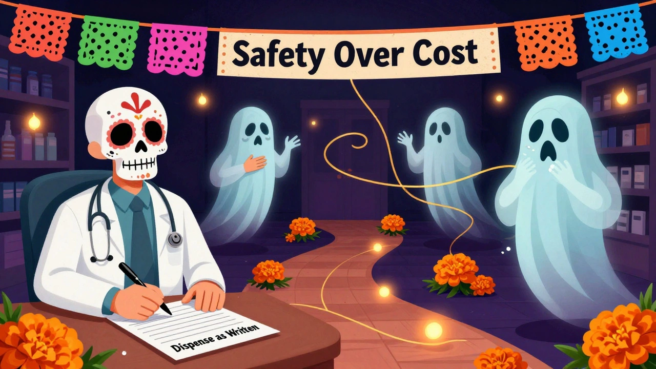 Doctor writing &#039;Dispense as Written&#039; as ghostly patients with drug-related symptoms float nearby, golden threads connecting them to the prescription.