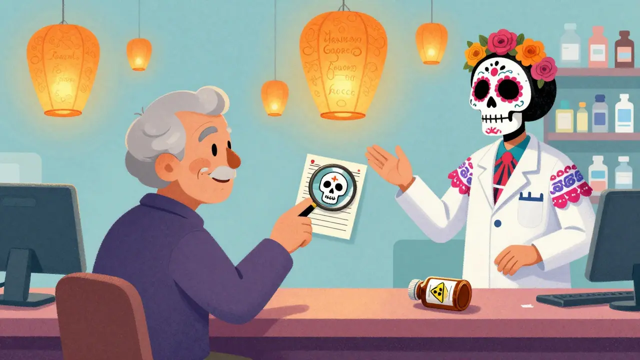 Elderly patient and pharmacist at pharmacy counter, using a skull-shaped magnifier to verify medication label.