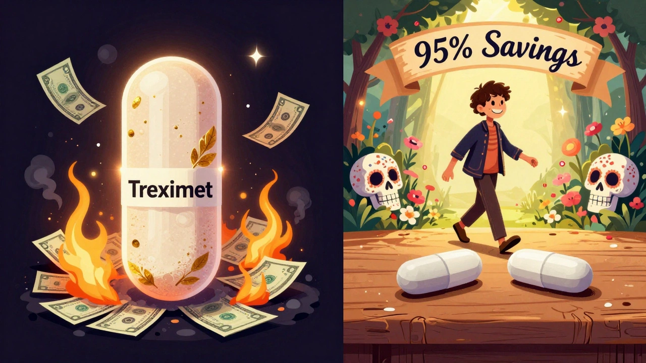 Expensive branded pill burning away vs. humble generic pills glowing with light, beside a joyful person in a garden.