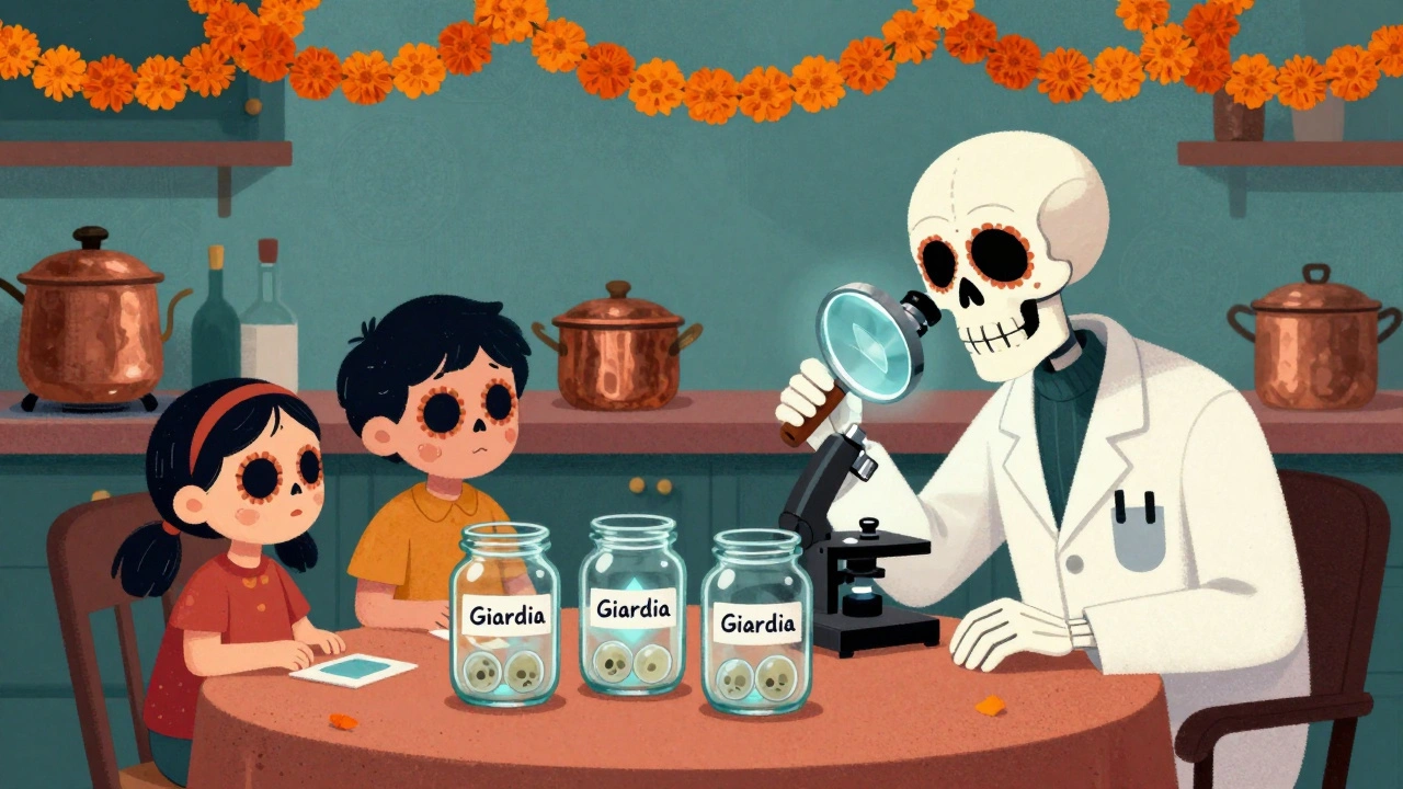Family with stool samples under a glowing microscope, skeleton doctor examining giardia cysts shaped like skulls.