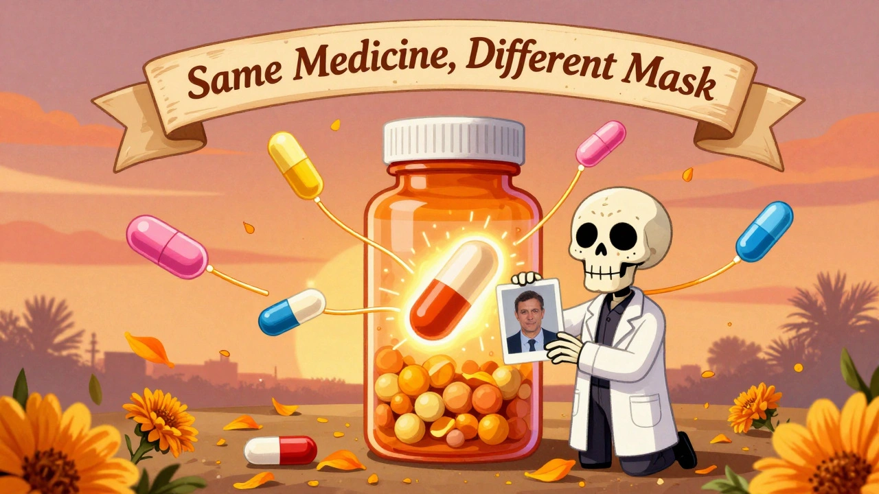 Giant pill bottle altar with skeleton pharmacist, floating generic pills, and a photo of a patient under marigold petals.