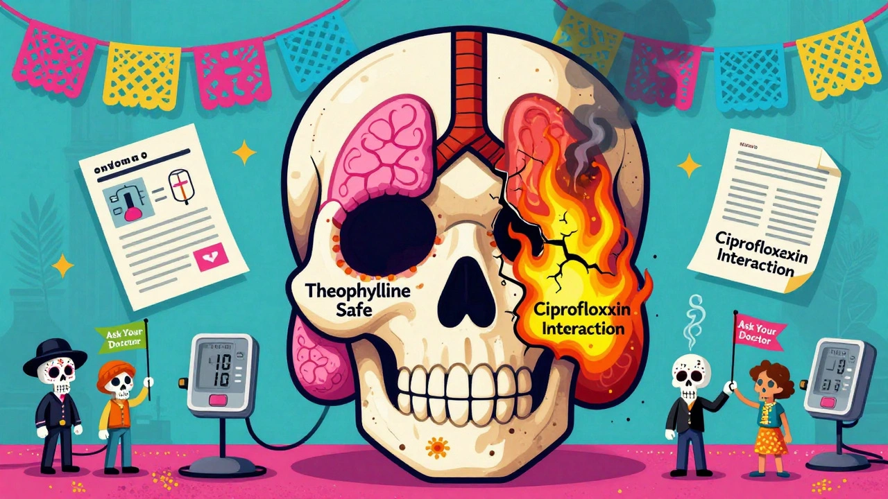 Giant skull with healthy lung on one side and toxic flames on the other, medical charts and warning flags floating around, vibrant Day of the Dead colors.