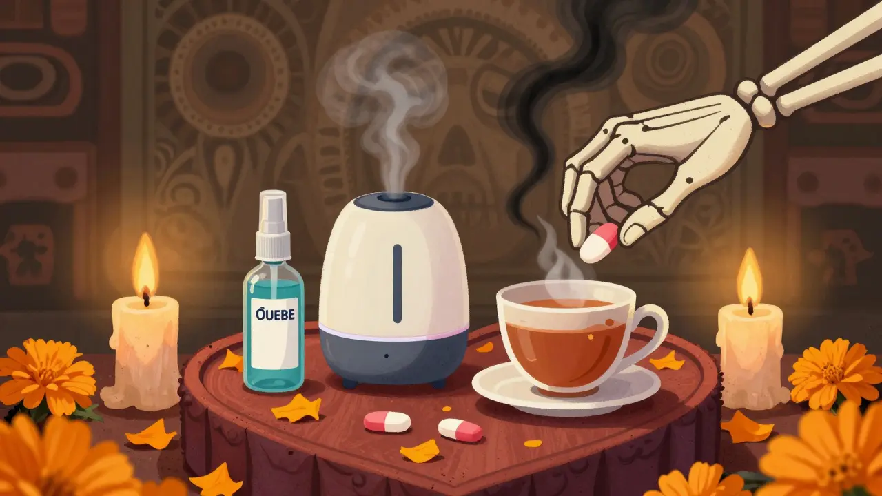 Heart-shaped altar with safe remedies like saline spray and humidifier, decongestant pill falling off as marigolds bloom nearby.