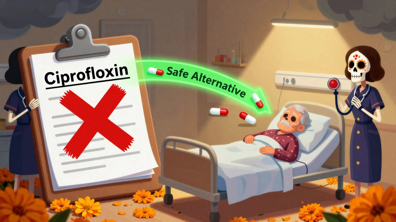 Hospital scene with a red X over ciprofloxacin prescription, safe alternatives glowing above a sleeping patient, surrounded by sugar skulls and marigolds.