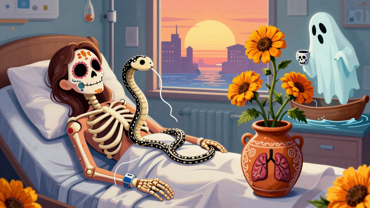 Intricate skeletal catheter snake draining fluid into a decorative jar, with marigold vines blooming into tiny lungs.