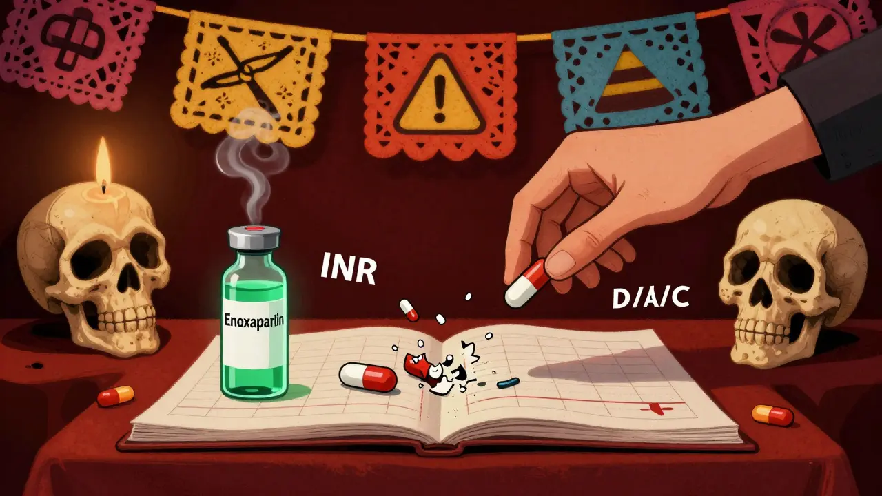 Medical altar with anticoagulant alternatives and warning skulls, candlelit in Day of the Dead folk-art style.