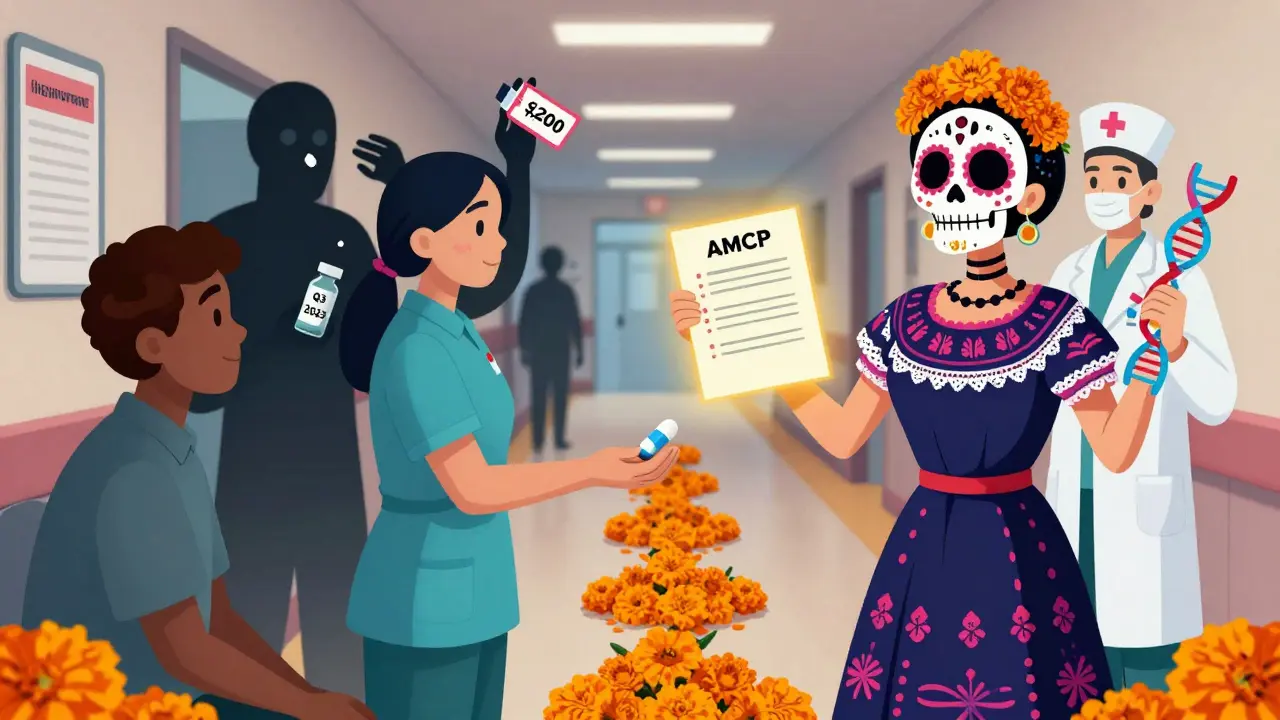 Nurse gives patient generic pill while supply chain shadows loom, pharmacist holds DNA and dossier.