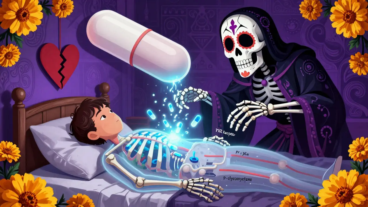Patient's body with molecules being ejected by skeletal hands, giant rifampin tablet looming like a deity.