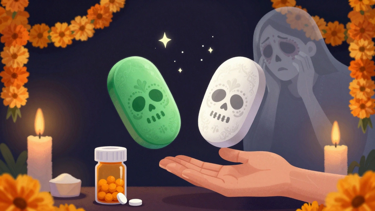Patient&#039;s hand reaching for two versions of the same drug, surrounded by skull-decorated pills and glowing inactive ingredients.
