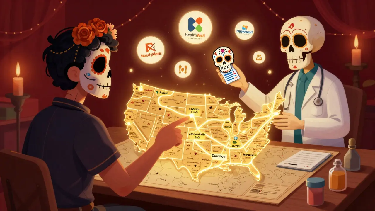 Patient and doctor studying a glowing map showing cost-saving medication paths, with a pharmacist offering a sugar skull medication card.