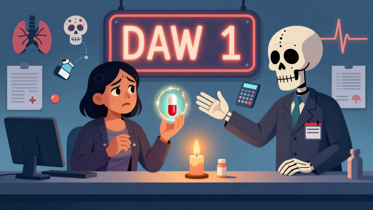Patient confused at pharmacy counter with brand and generic pills, skeletal insurance clerk blocking the brand, DAW 1 sign glowing behind them.