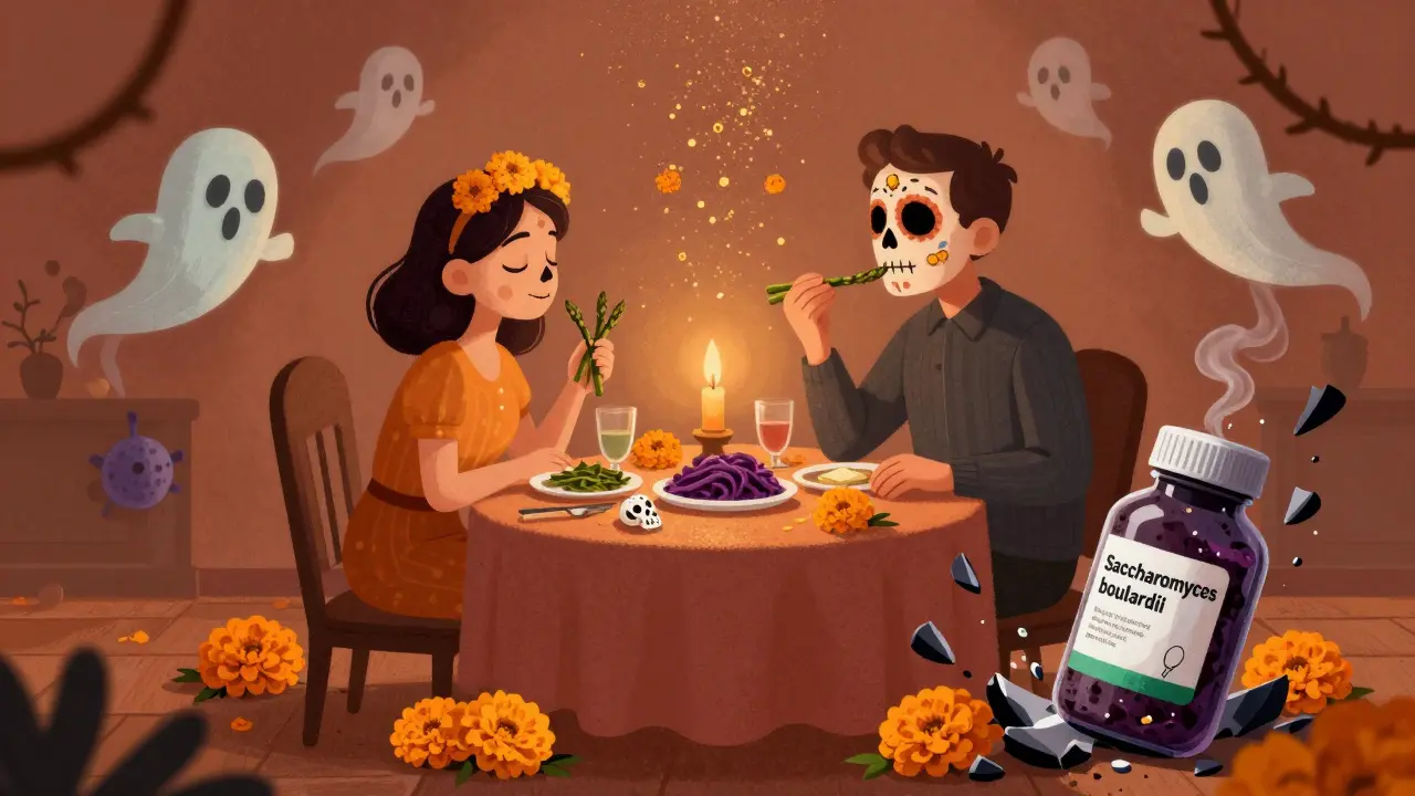 Patient eating safe foods with glowing postbiotics, while a broken probiotic bottle shatters on the floor amid marigolds and sugar skulls.