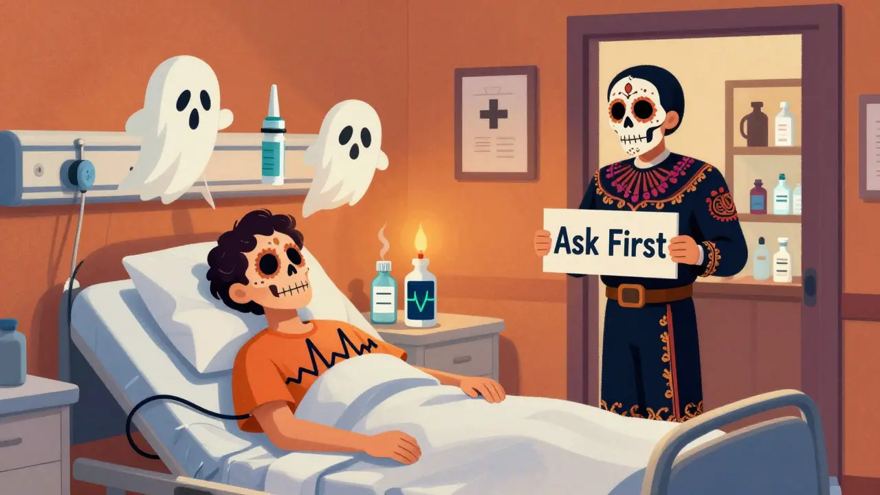 Patient in hospital bed with EKG forming a skull, ghostly nasal sprays above, pharmacist offering safety advice in candlelit room.