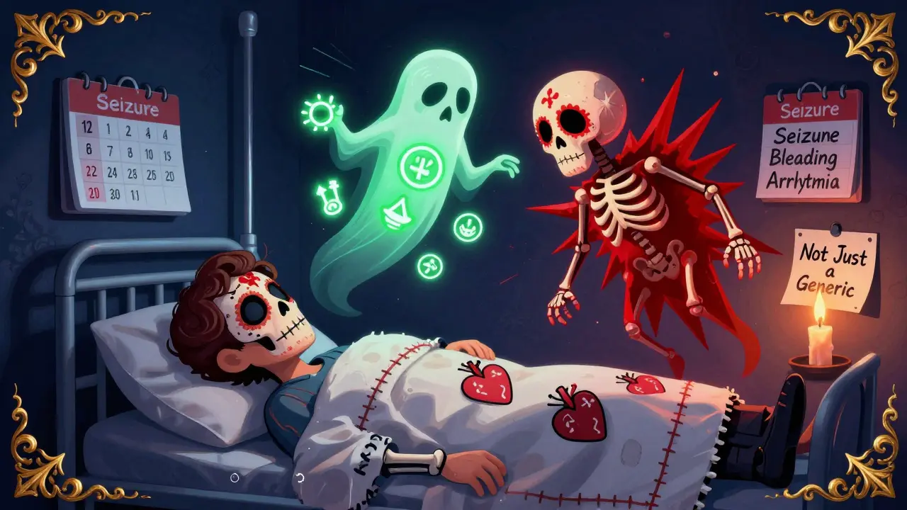Patient sleeping as a ghostly double collapses into medical danger symbols, with blood test calendar and candle beside.