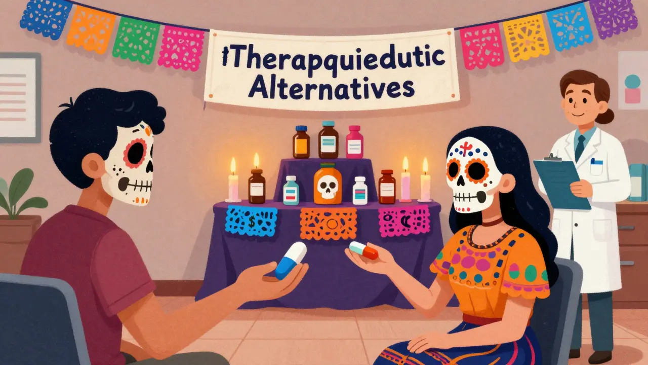 Patients trading high-cost pills for low-cost ones in a clinic with sugar skull decorations and papel picado banners.