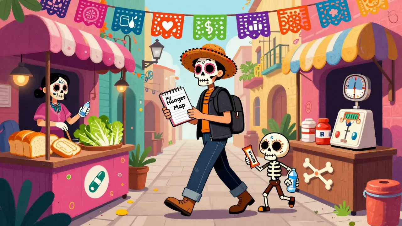 Person walking through food alley with medication-themed stalls, skeleton companion holding protein bar and water.