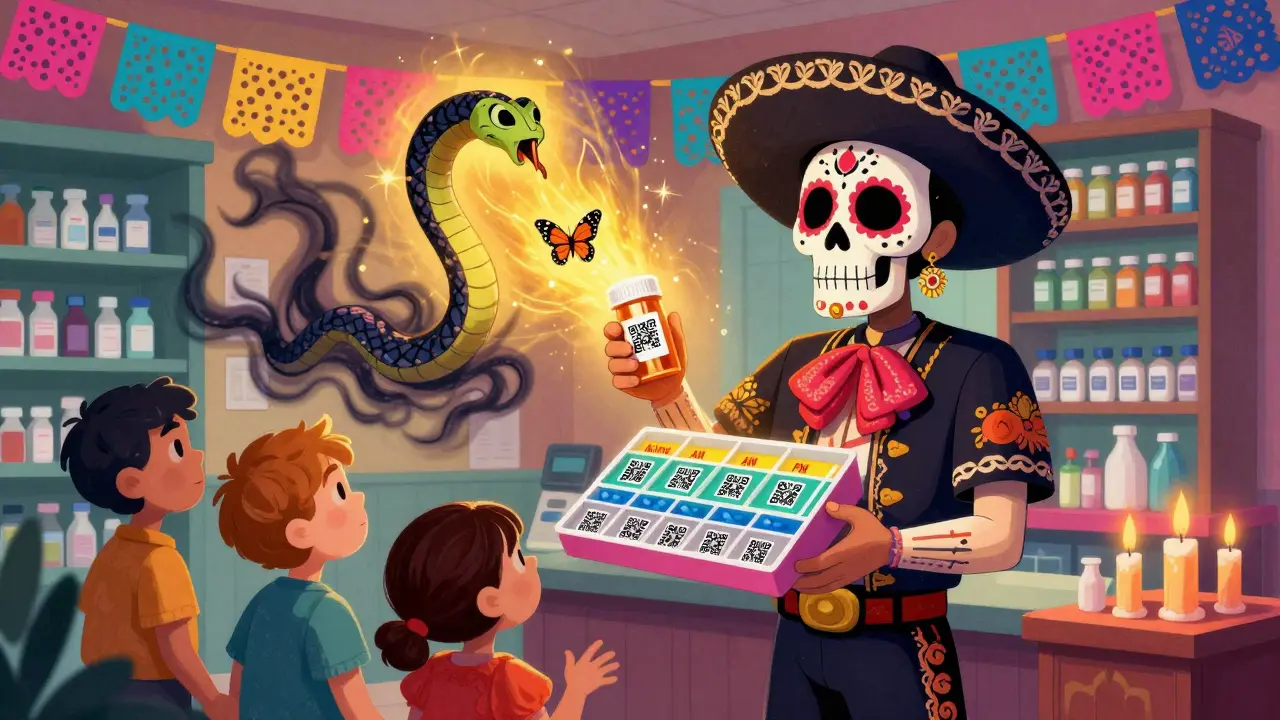 Pharmacist in folkloric attire scanning QR codes from prescription bottles, banishing dangerous drug interactions as glowing butterflies.