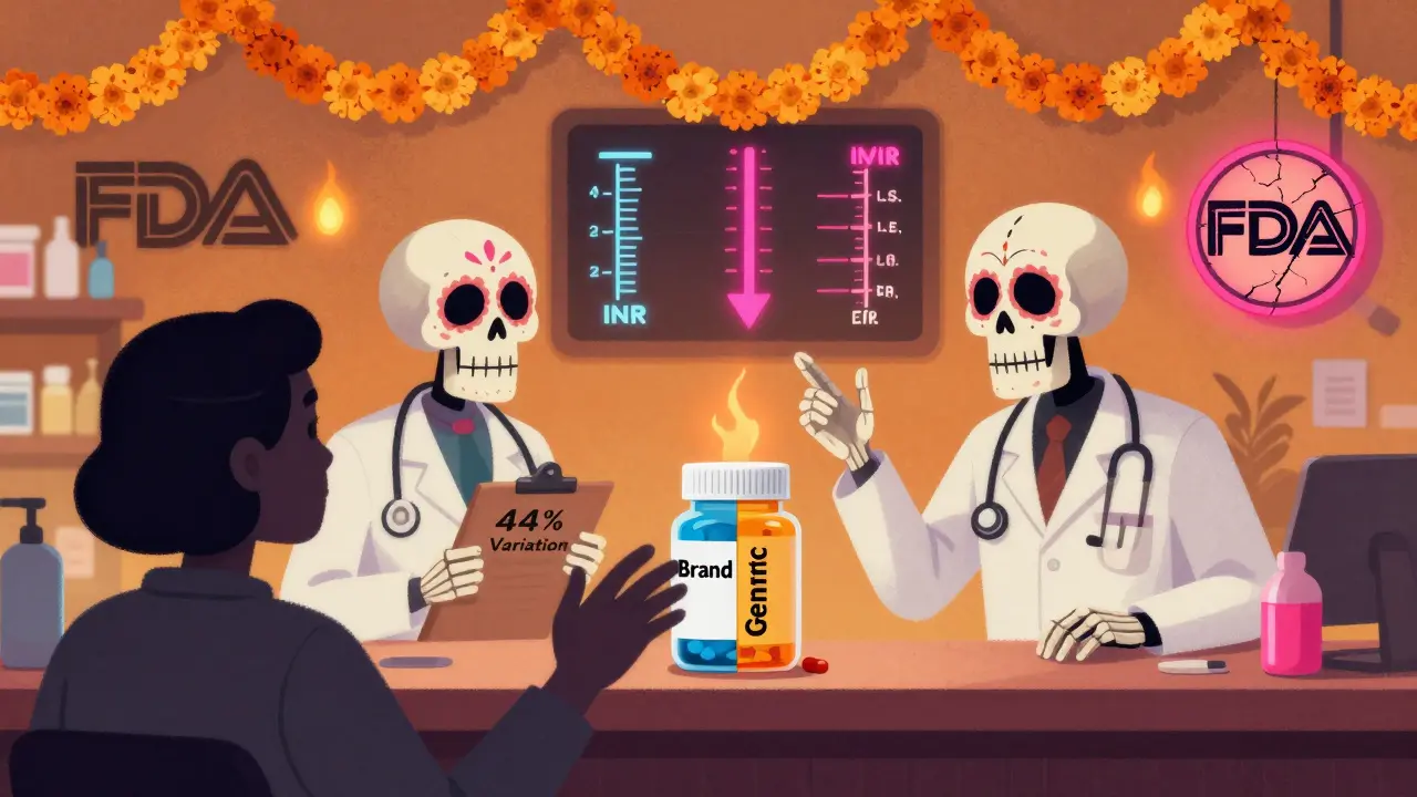 Pharmacy counter with two pharmacists arguing over brand vs generic NTI pills, blood test X-rays floating above.