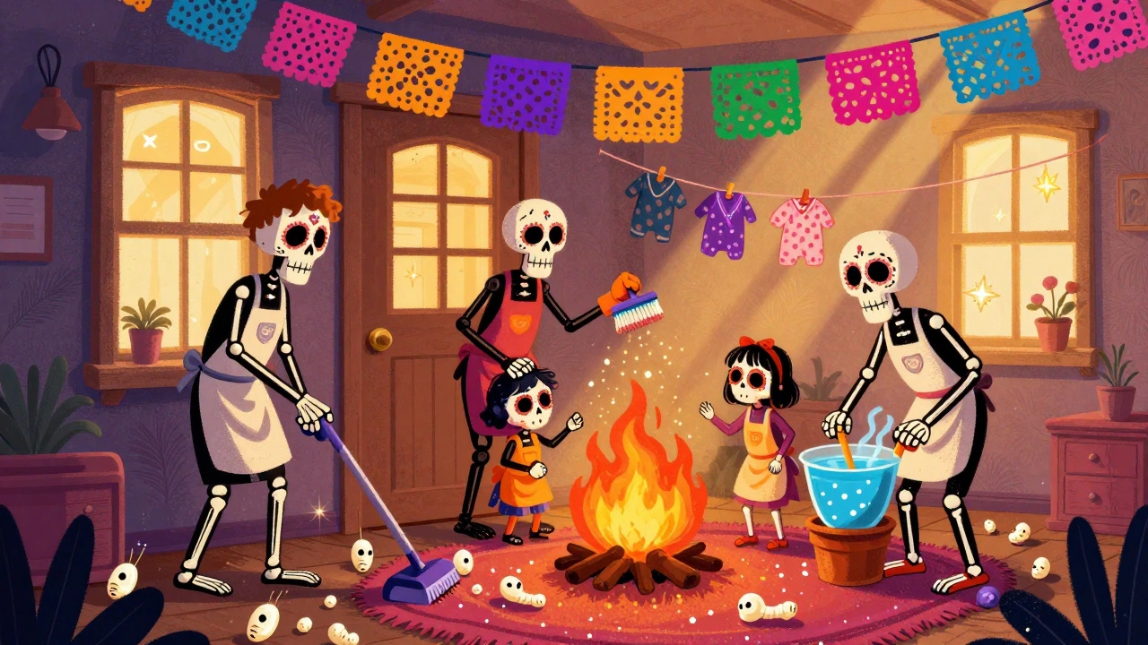 Skeletal family cleaning home, scrubbing surfaces and boiling water to stop parasite spread.