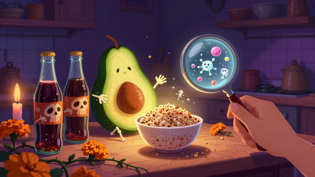 Skeletal junk food items being pushed away by glowing healthy foods, with sugar molecules shown as tiny skeletons in a kitchen scene