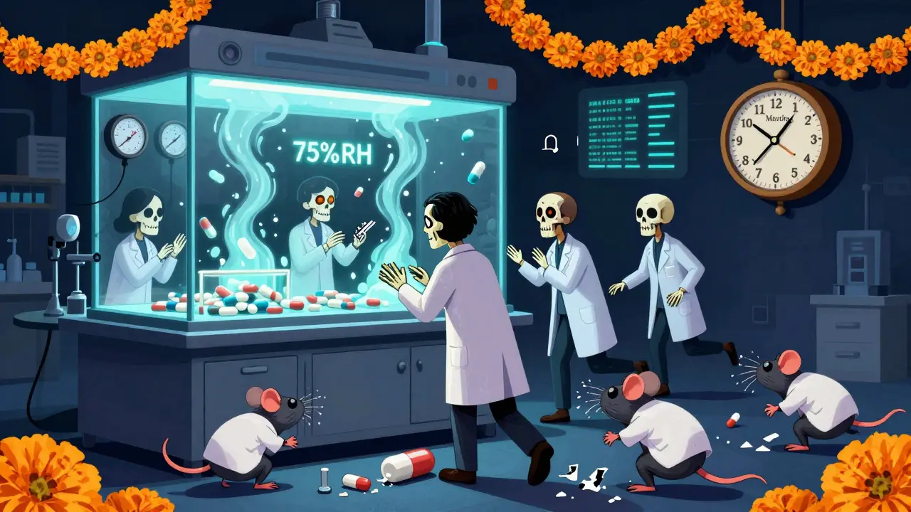 Skeletal scientists monitoring humidity chambers with glowing moisture clouds and crumbling pills.