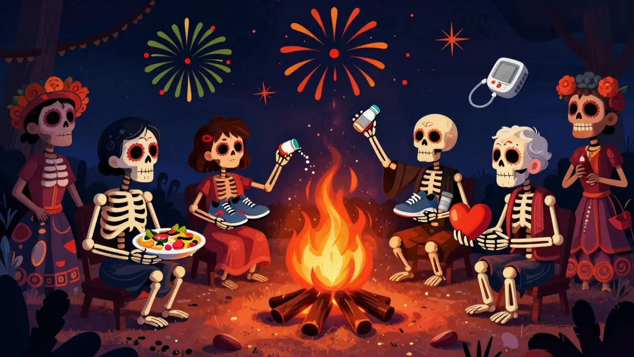 Skeletons burning aspirin bottles at a bonfire while holding heart-healthy symbols under a night sky of leafy fireworks.