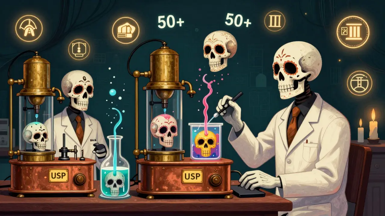Skull scientists operate vintage dissolution machines, releasing colored medicine streams shaped like skulls under glowing f2 scores.