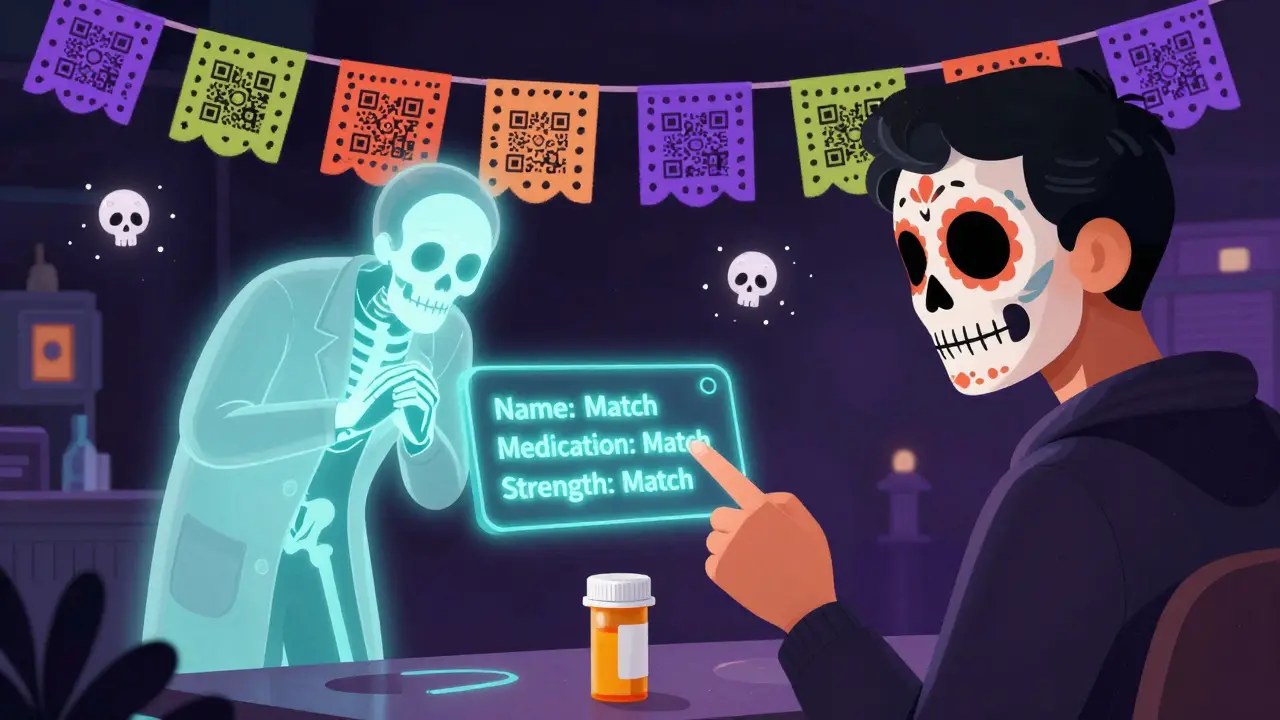 Smartphone AR display showing spirit confirmations for prescription details, with skeleton pharmacist in background.
