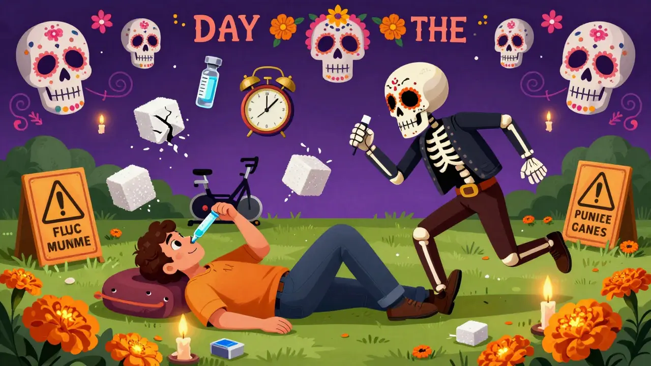 Someone collapsing as a friend administers glucagon, with symbols of insulin, exercise, and alarms floating nearby in a Day of the Dead scene.