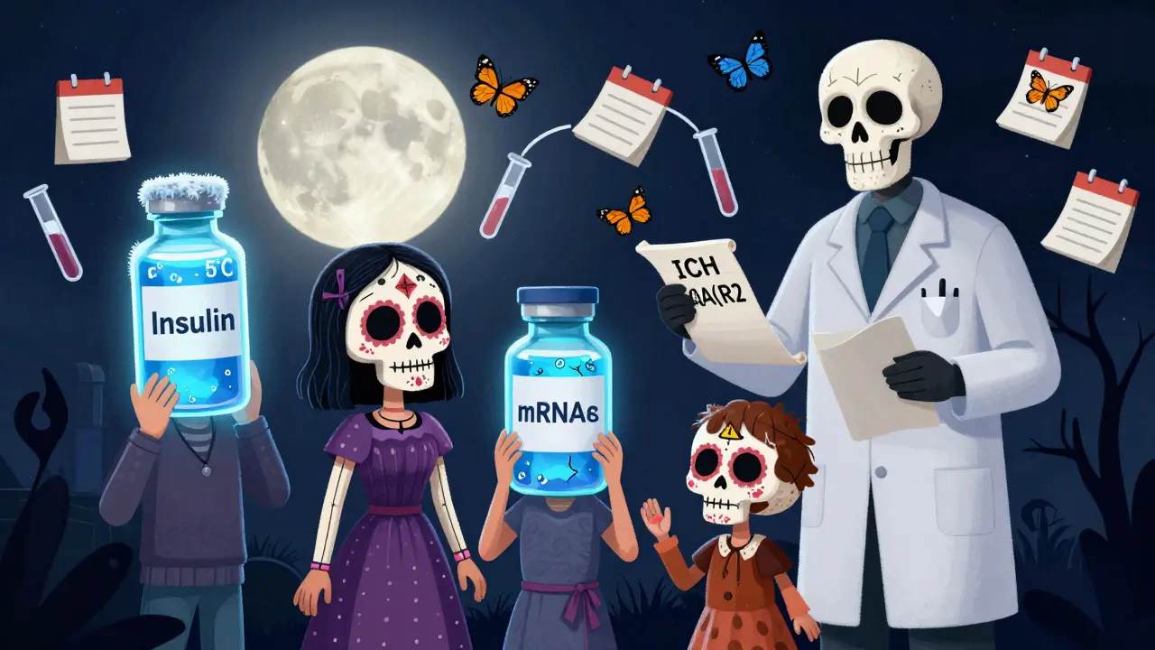 Sugar-skull patients holding medicine bottles under moonlight, one frosty, one cracked, with a regulatory skeleton holding a scroll.