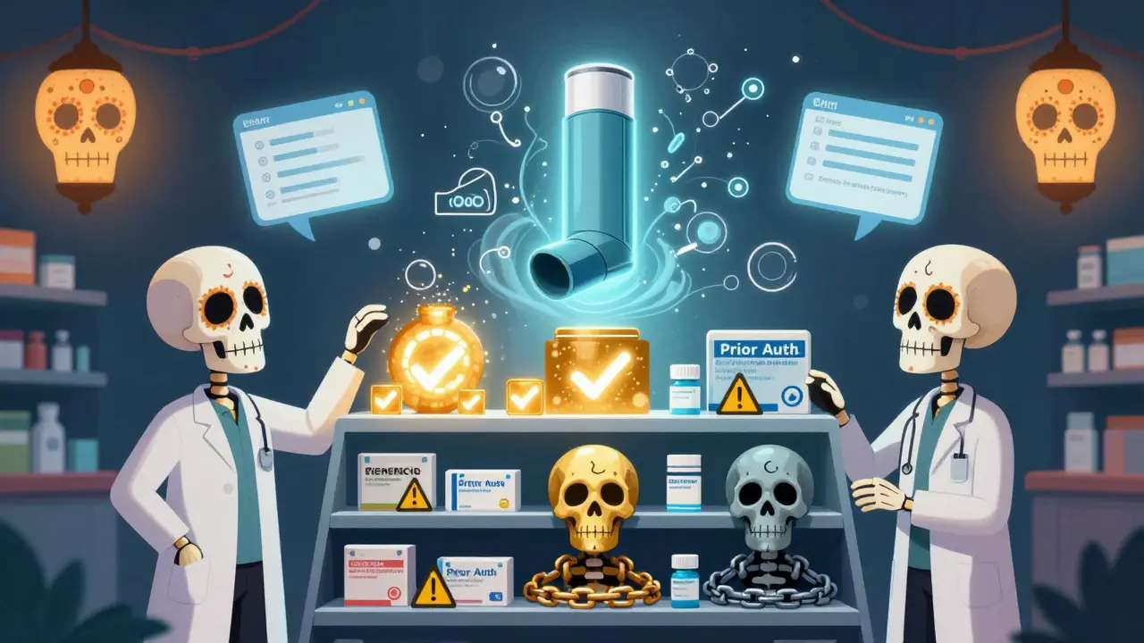 Three-tiered drug shelf with skeletal pharmacists organizing generics under glowing sugar skull lights.