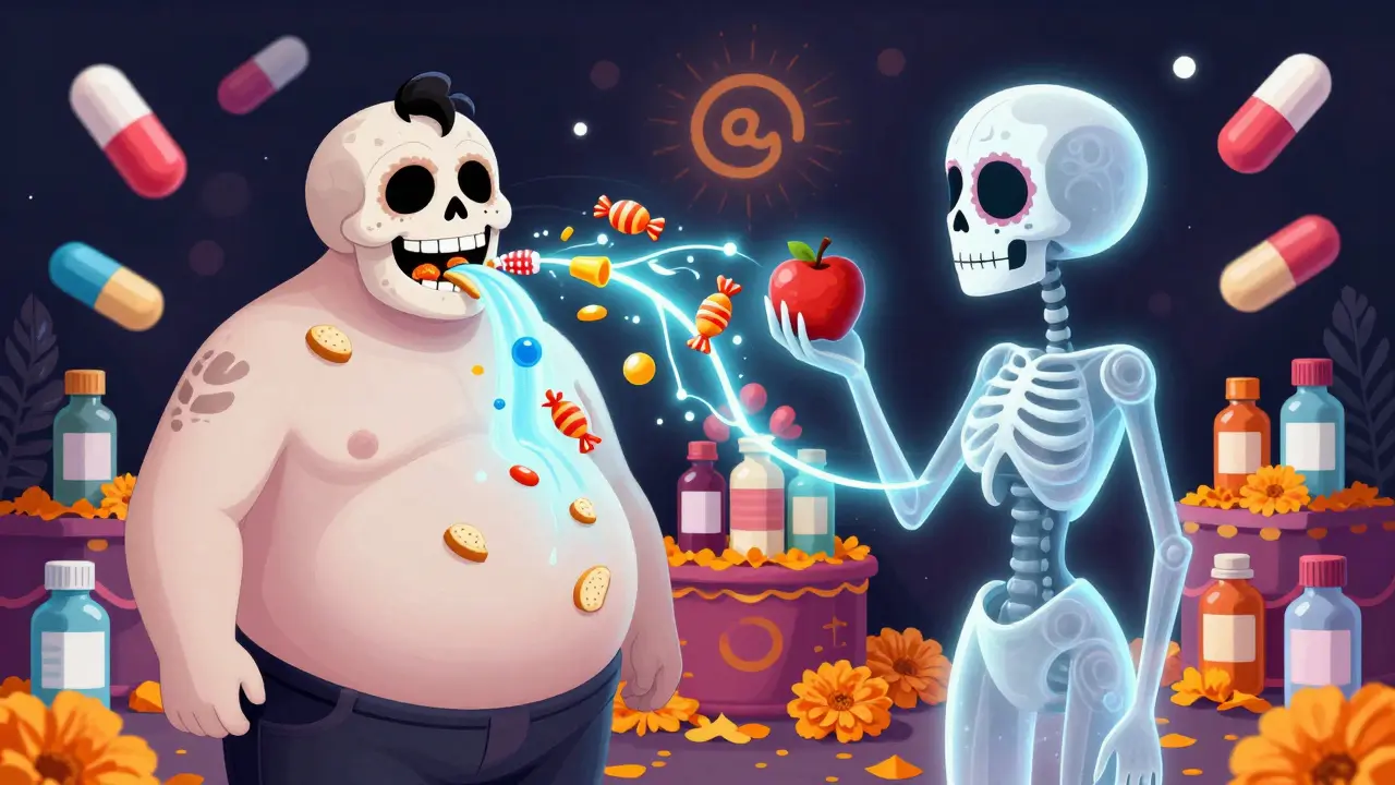 Two contrasting figures connected by a neural pathway, floating medicine pills as calaveras, glowing bio-symbols.