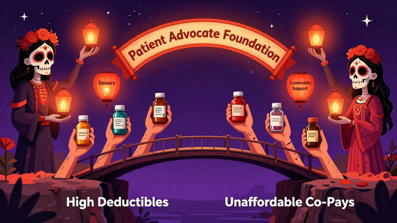 A bridge of patient hands crossing financial hardship, leading to an arch labeled 'Patient Advocate Foundation' under a starry sky.