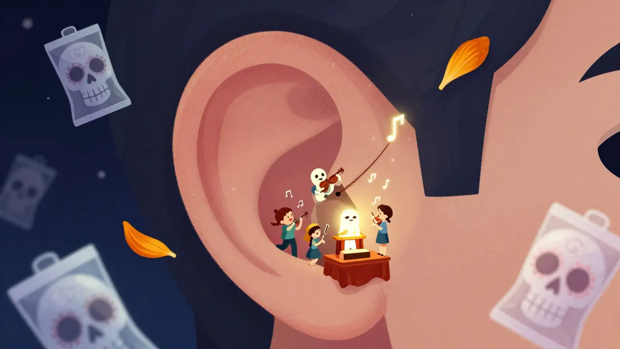 A CIC hearing aid in an ear canal altar, releasing tiny sound spirits, with sugar skull gel packets and a marigold petal falling nearby.