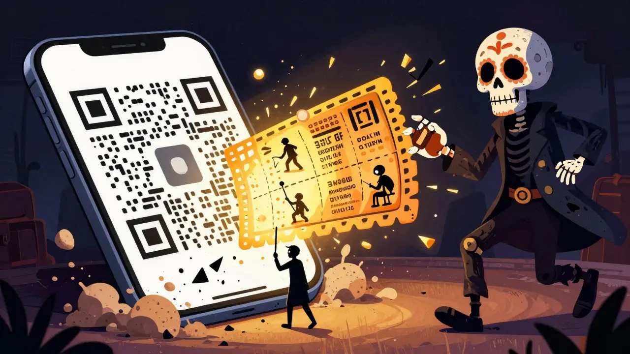 A crumbling QR code releases golden light as a smartphone verifies a medicine pack via NFC, with a blockchain made of colorful papel picado ribbons.