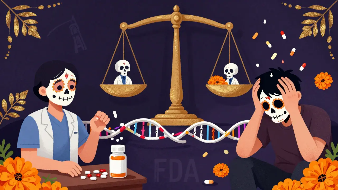 A DNA strand turning into a pill bottle, with split scenes of patient outcomes under a rain of marigolds and FDA scales.