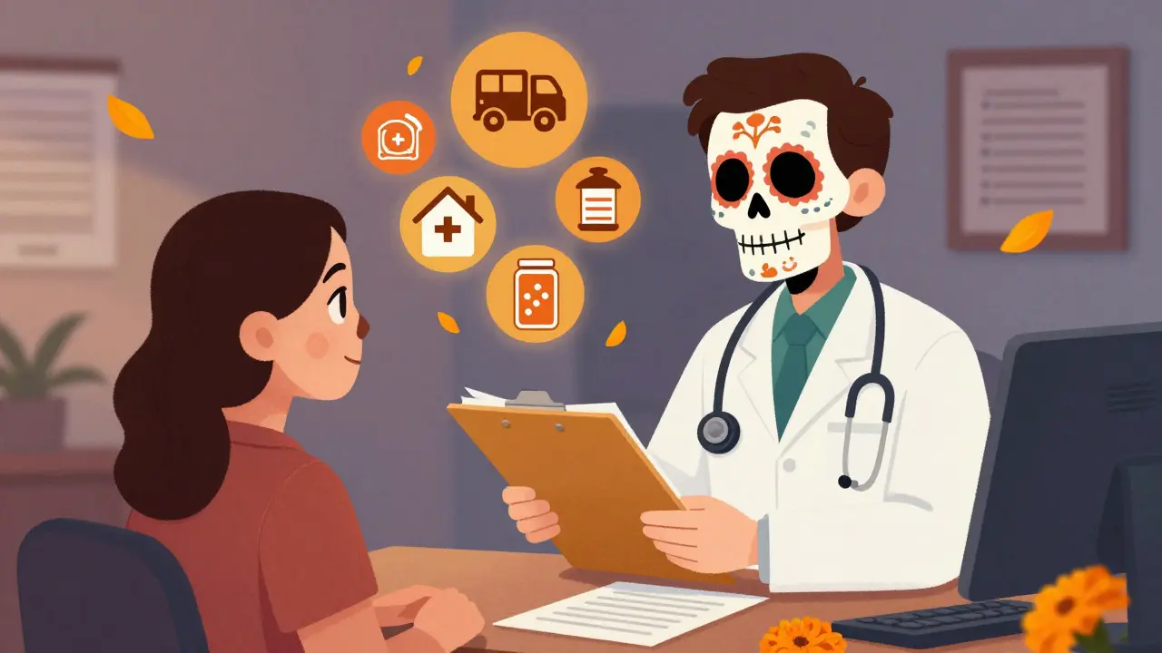 A doctor and skeletal caseworker handing documents to a patient, with icons of travel and care floating above in folk art style.