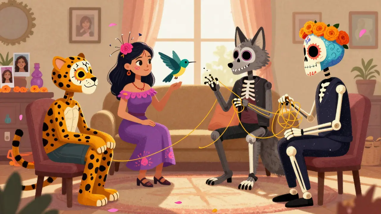 A family as alebrije spirits connected by golden threads during therapy, guided by a skeletal healer.