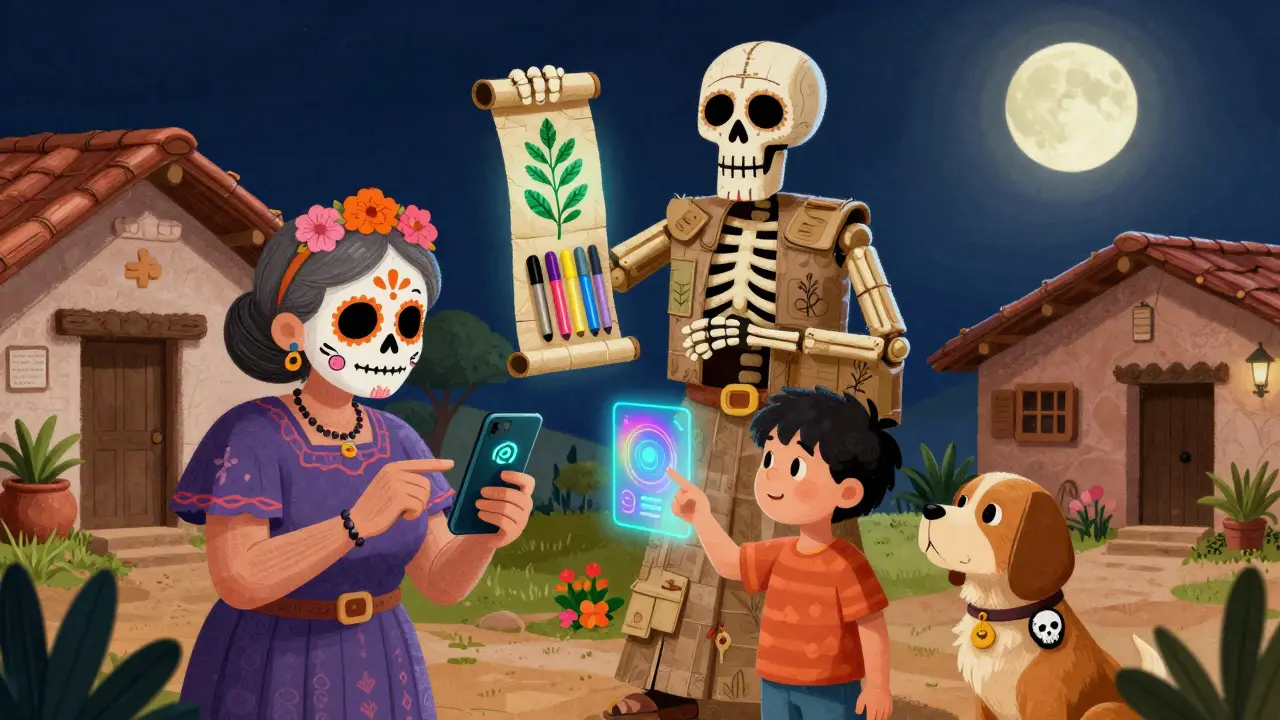 A family checks medicine with their phones as a guardian skeleton made of recyclable packaging stands behind them under a moonlit sky.